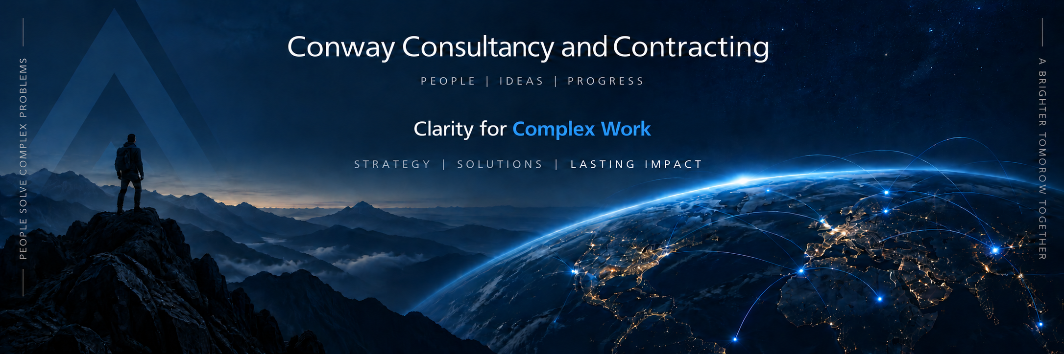 Conway Consultancy and Contracting. Clarity for Complex Work. Strategy, Solutions, Lasting Impact. Mountain horizon and connected globe.